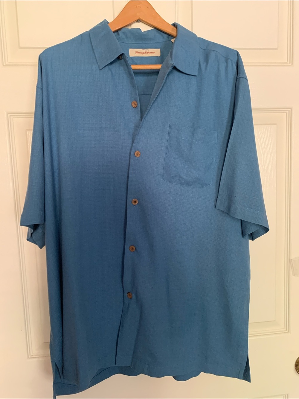 Tommy Bahama Teal-Blue Short Sleeve Wood Button-Down Camp Shirt XL Silk